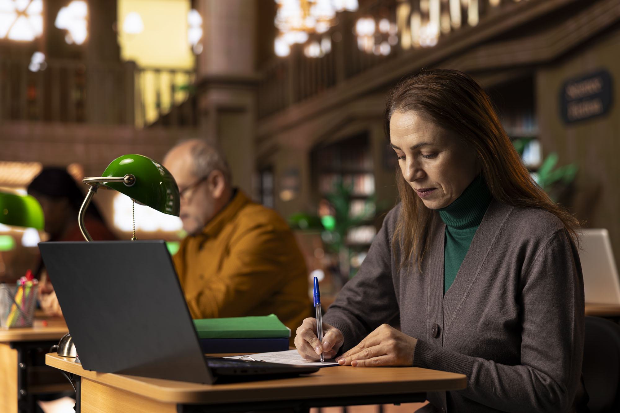 Adult transcribing class work and reviewing materials for her university degree
